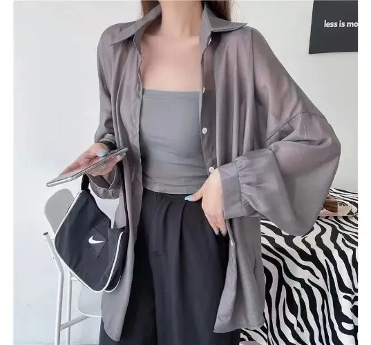 Plain Sheer Oversized Shirt - Gray