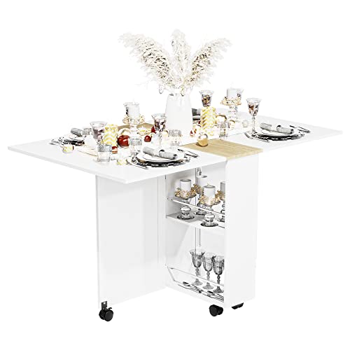 3imothrix Folding Dining Table, Dinner Table with Drawer and Storage and Shelves, Space Saving Dining Table with 6 Wheels, Kitchen Table for Small Spaces (White) - White