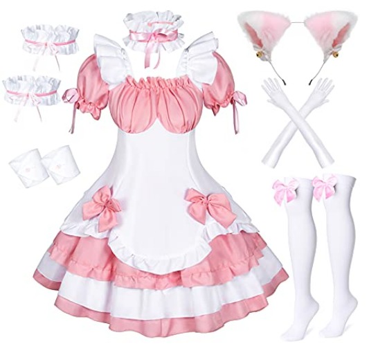 Anime French Maid Lolita Fancy Queen Princess Dress Cosplay Costume Furry Cat Ear Gloves Socks set - 5X-Large - Pink 2