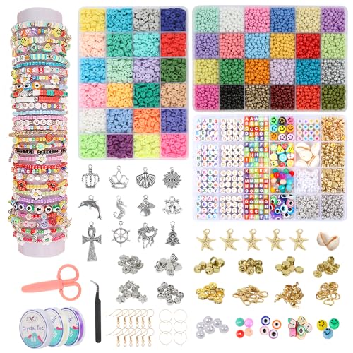 OCARDI Friendship Bracelet Kit - 10800+Pcs Polymer Clay&Glass Seed Beads,24 Colors Each, Letter&Bracelet Beads for Jewelry Making,Bracelet Making kit for Teen Girl Gifts - 10800+PCS