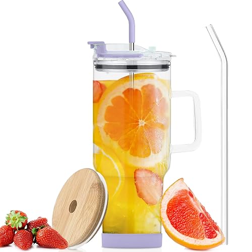 AiHeart 40oz Glass Tumbler with Handle,Glass Water Cup with Straws and Lids.Large Capacity Iced Coffee Cup with Silicone Coaster,Cute Tumbler for Tea Smoothie Juice - Purple - 40oz