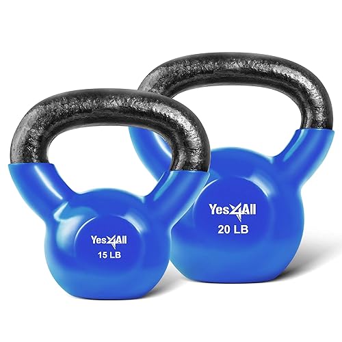 Yes4All Vinyl Coated Kettlebell Set of Weights - Strength Training Kettlebell Sets 25, 30, 35, 45, 60, 70, 105 lbs - A. Blue - 15 - 20lb