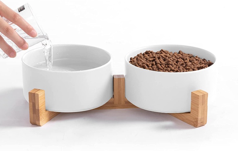 Ihoming Cat Bowls, Puppy Ceramic Food and Water Bowls Set, 1 3/4 Cups X 2, Indoors White Pet Bowls with Wood Stand - Puppy & Cat Bowls White+White & Wood Stand