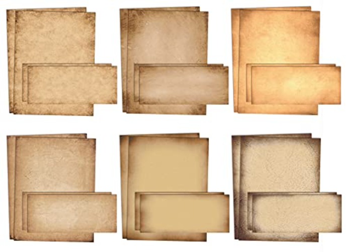 Better Office Products Aged Paper Stationery, 100 Piece Set (50 Sheets + 50 Matching Envelopes), Vintage Antique Old Fashion Parchment Paper, Letter Size 8.5 x 11", 6 Designs, Double Sided Paper,