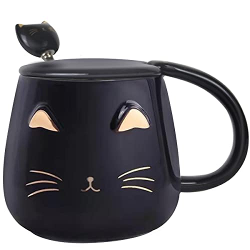 Yuwu Cat Mug Cute Coffee Mug gifts for cat lovers Ceramic Cup, Novelty Mug with Lid and Stainless Steel Spoon, Christmas Birthday Gifts Present for kids Women Girls (Black) - Black