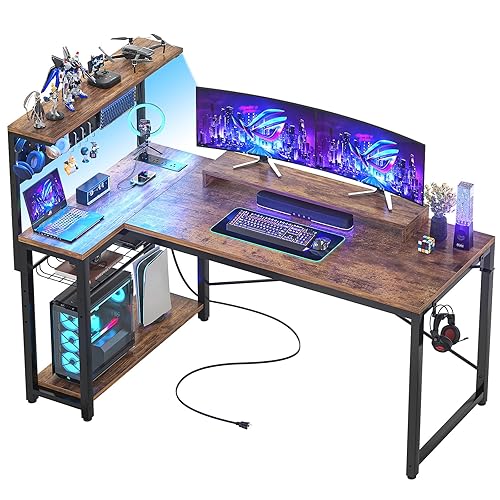Homieasy Small Gaming Desk with Power Outlets Pegboard LED Light, 51 Inch L Shaped Computer Desk with Monitor Stand Storage Shelves, Reversible Corner Desk with Headset Hooks, Rustic Brown