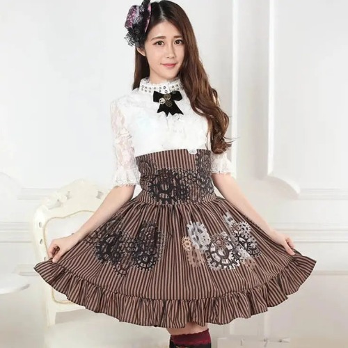 High-Waisted Steampunk Renaissance Skirt with Gear Print and Stripes - L