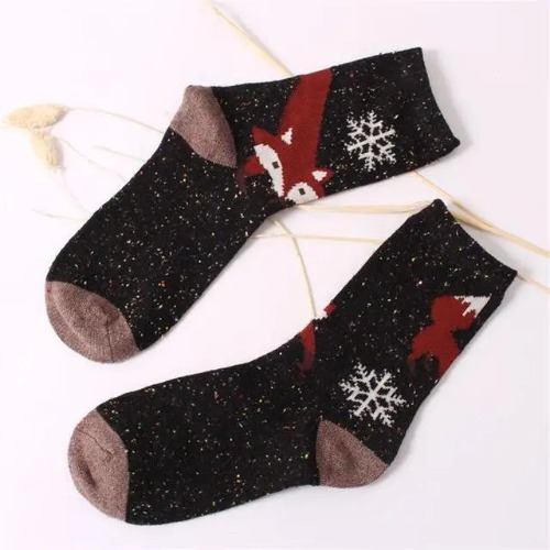 Snow Fox Christmas Socks with Embroidered Design and Vibrant Colors - Black Fox Snowflake