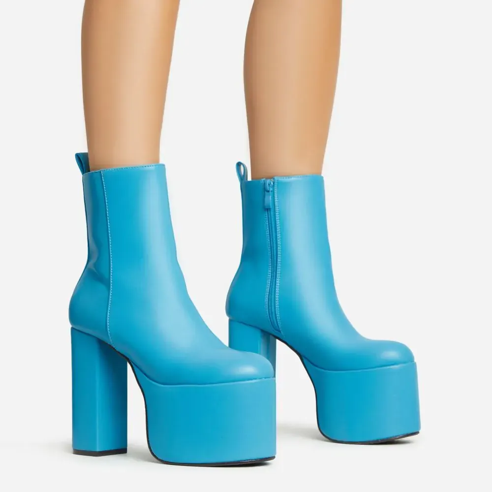Impression Closed Toe Platform Block Heel Ankle Boot In Blue Faux Leather