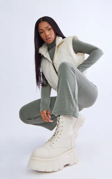 Cream Extreme Flatform Sole Biker Boots