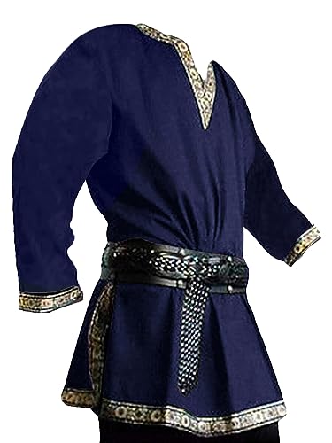 Gafeng Mens Medieval Costume Renaissance Pirate Halloween Viking Tunic Knight Cosplay Warrior LARP Shirts - Navy Blue - Large