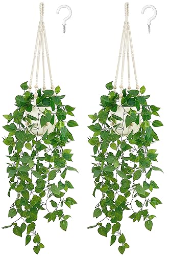 Mkono 2 Packs Fake Hanging Plant with Pot, Artificial Plants Macrame Plant Hanger Fake Vine Greenery for Bedroom Bathroom Home Office Decor - Ivory - 2