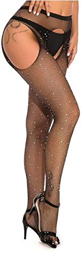 JFAN Medias para Mujer Sexy de Diamantes Mallas de Cintura Alta - Talla única - Negro