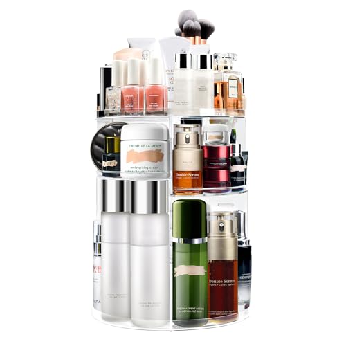 Auxmir Organizador de Maquillaje, Giratorio 360°, Organizador para Perfumes Cremas Pintalabios Skincare, Almacenaje Cosméticos con Capas Ajustables para Tocador Baño, Gran Capacidad
