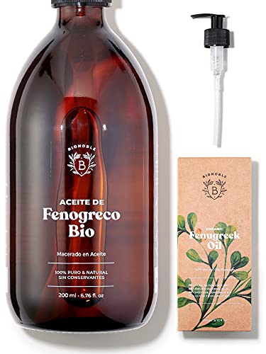 Bionoble Aceite de Fenogreco Orgánico 200ml - Aceite Macerado de Fenogreco y Aceite de Girasol - Cuerpo, Pecho, Glúteos, Cabello - Vegano y Cruelty Free - Botella de vidrio + Bomba - Fenogreco - 200 ml (Paquete de 1)