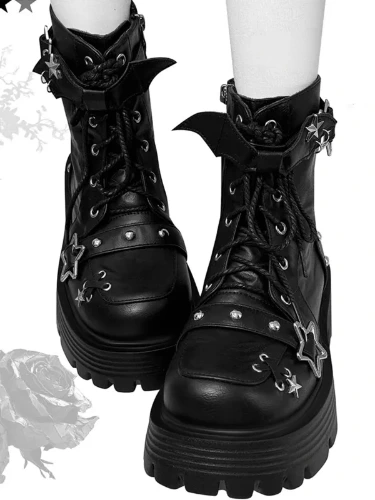 [$45.00]Black Star Buckle Straps Bat Wings Y2K Platform Ankle Boots