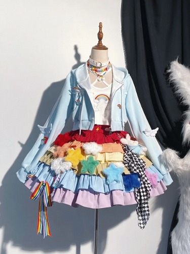 ]My Little Pony Rainbow Dash Inspired Lolita Outfit - Blue Sports Coat + Rainbow Skirt + Leg Warmers Full Set