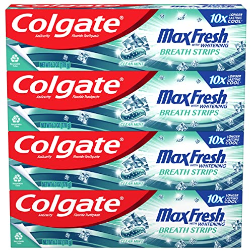 Colgate Max Fresh Toothpaste, Whitening Toothpaste with Mini Breath Strips, Clean Mint Toothpaste for Bad Breath, Helps Fight Cavities, Whitens Teeth, and Freshens Breath, 4 Pack, 6.3 Oz Tubes - Max Fresh - 6.3 Ounce (Pack of 4)