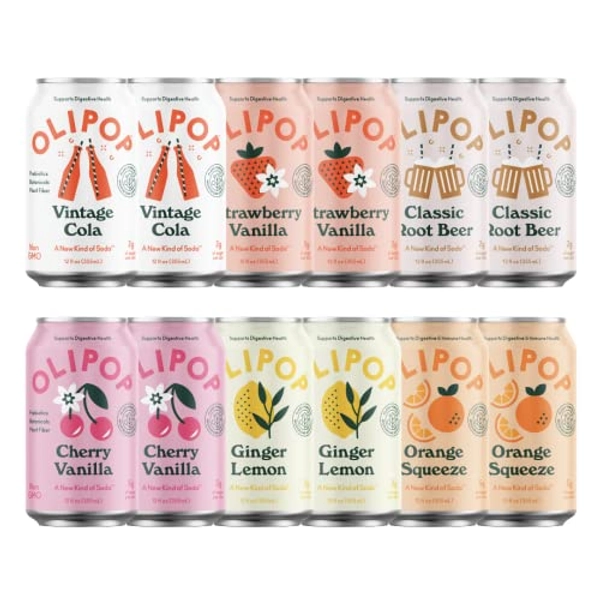 OLIPOP - The Sampler, 6-Flavor Soda Variety Pack, Healthy Soda, Prebiotic Soft Drinks, Supports Digestive Health & Gut Health, 9g of Dietary Plant Fiber, Low Calorie, Low Sugar, Vegan (12 oz, 12-Pack)