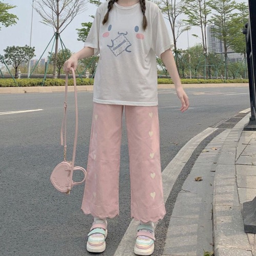Pastel Heart Print Pants - Pink / L