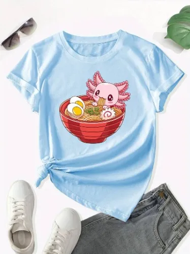 T-shirt À Col Rond Imprimé Anime Ramen & Axolotl, T-shirt Décontracté À Manches Courtes Pour Le Printemps Et L'été, Vêtements Pour Femmes