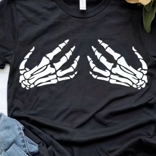 Skeleton Hand Print Crew Neck T-Shirt, Haut À Manches Courtes Décontracté Pour Le Printemps Et L'été, Vêtements Pour Femmes