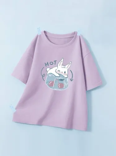 T-shirt graphique imprimé lapin mignon, chemise à col rond à manches courtes de dessin animé mignon, hauts décontractés de tous les jours, vêtements pour femmes
