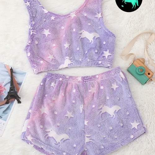 Luminous Star Flanelle Pyjama Set, Débardeur Sans Manches Et Short À Taille Élastique, Vêtements De Nuit Et De Détente Pour Femmes