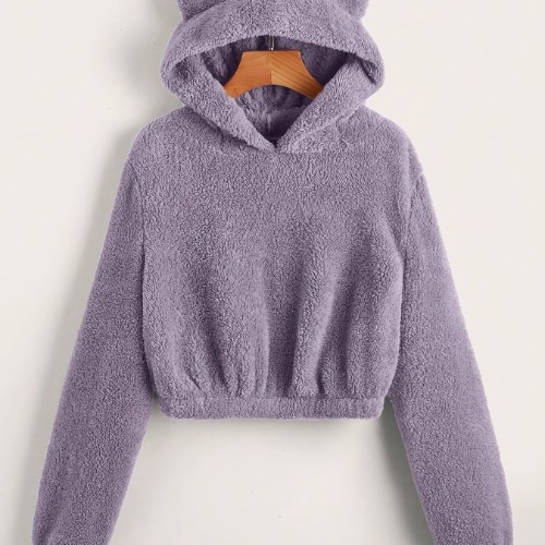 Solid Crop Fuzzy Hoodie, Sweat À Capuche Mignon À Manches Longues, Vêtements Pour Femmes