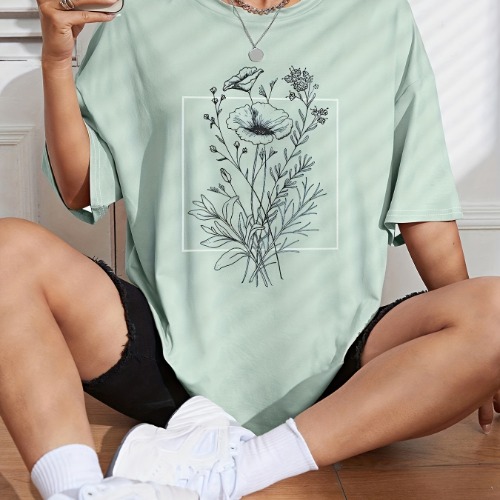 Flower Print Crew Neck T-Shirt, Haut Décontracté À Épaules Tombantes Pour Le Printemps Et L'Été, Vêtements Pour Femmes