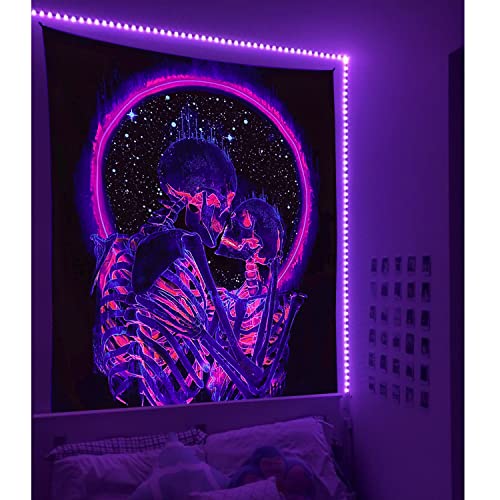 Manicer Blacklight Skull Tapestry, The Kissing Lovers Tapestry UV Reactive Trippy Neon Tapestries Glow in the Dark Party Backdrop, Skeleton Wall Art for Bedroom Living Room – 29.5” x 39.4” - Small (29.5"W x 39.4"L)
