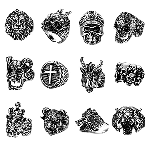 MollyQueen 12 Pieces Vintage Punk Rings Set, Stainless Steel Gothic Biker Adjustable Rings Skeleton Skull Tiger Ring Drgon Lion Head Ring - 12 PCS