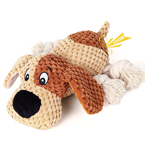 PUHOHUN Squeaky Dog Toys Dog Plush Toy for Large Chewers Dog Toys with Crinkle Paper and Squeaker Tug of War Dog Toys with Knotted Rope Soft Stuffed Dog Toys for Teeth Cleaning and Boredom (Brown) - Brown