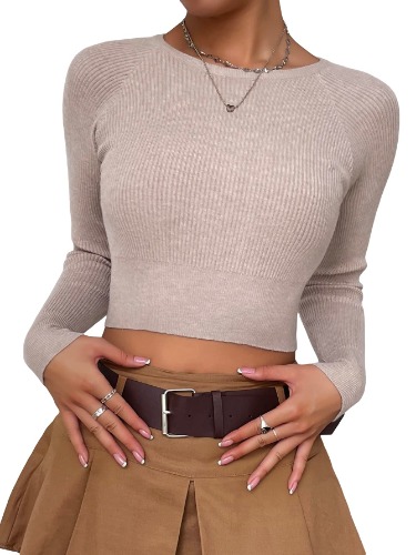 SOLY HUX Women's Fitted Ribbed Crewneck Long Sleeve Crop Tops Tee Shirts - Small - Solid Mocha Brown