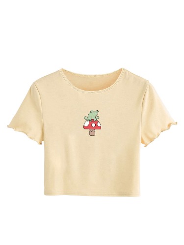 SweatyRocks Women's Graphic Print Round Neck T Shirt Short Sleeve Crop Tee Tops - Small Apricot Frog