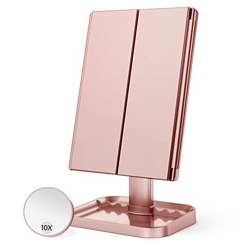 HUONUL Makeup Mirror, 10x3x2X Magnification, Lighted, Touch Control, Trifold, Dual Power Supply, Portable LED, Women Gift - Rose Gold