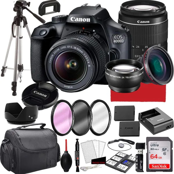 Canon EOS 4000D DSLR Camera with 18-55mm f/3.5-5.6 Zoom Lens, 64GB Memory,Case, Tripod and More (28pc Bundle) - 
