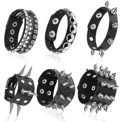 Hicarer 6 Pieces Punk Studded Bracelet Rivets Bracelet Leather Rivets Bracelet Cuff Valentine Gift for Men Women - Classic Style
