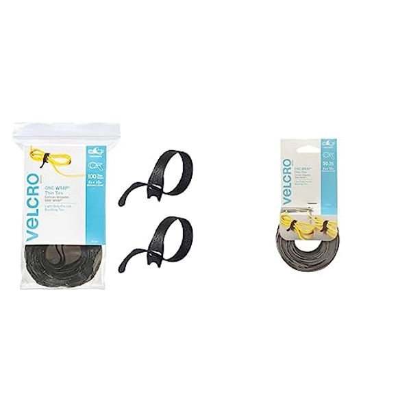 VELCRO Brand ONE-WRAP Cable Ties, 100Pk, 8 x 1/2" Black Cord Organization Straps & ONE WRAP Thin Ties | Strong & Reusable | Perfect for Fastening Wires & Organizing Cords | Black & Gray