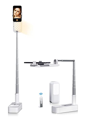 yAyusi Phone Stand for Recording,360° Rotation with Selfie Stands and Phone Holders,Overhead Phone Mount,1000mAh Battery Operated 7 Brightness LED Light for Live Streaming/YouTube/Video Recording - White