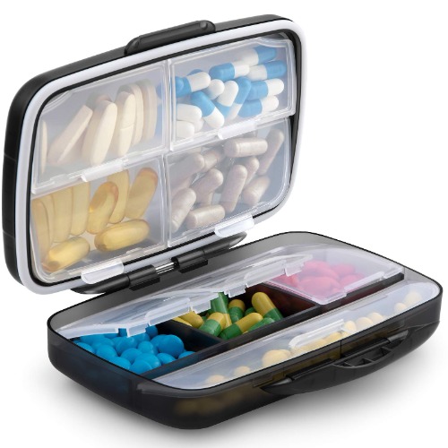Fullicon "HOPOBO L" Moisture-Proof Large Pill Case, Medicine Case, Supplement Case, Medicine Case, Pill Holder, Large Large, Extra Large, Portable, Long Travel, Travel (Black) - 大きめ(8部屋) - Black