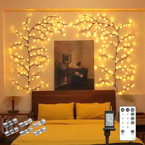 Willow Vine Lights Room Decor: 7.5Ft Home Decorations Flexible Enchanted Fairy Lights with Remote Control, 144 LEDs Twinkle Tree Lighted Branches for Wall Bedroom Living Room (1 Pack) - Brown