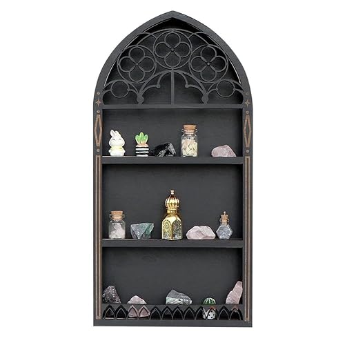 Gothic Window Crystal Shelf Display for Wall,Wall Mounted Floating Shelves Old Church Window Crystal Wall Shelf,Wall Hanging Gothic Boho Black Essential Oil Shelf - 1pcs - Four-leaf French Frame