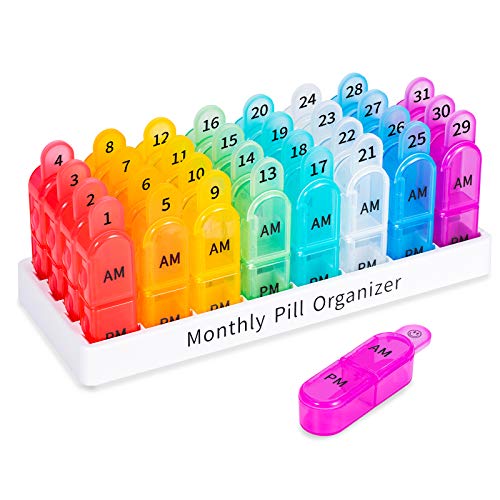 Daviky Monthly Pill Organizer 2 Times a Day, 30 Day Pill Box AM PM, One Month Pill Box Organizer AM PM, 31 Day Pill Organizer Twice a Day AM PM to Hold Vitamins, Supplements and Medication - Rainbow