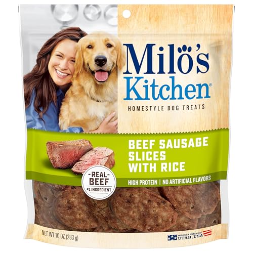 Milo's Kitchen Homestyle Dog Treats, Beef Sausage Slices, 10 Ounce, High Protein, No Artifical Flavors - Beef Sausage Slices - 10 Ounce (Pack of 1)