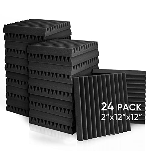 Fstop Labs Acoustic Panels, 2" X 12" X 12" Acoustic Foam Panels, Studio Wedge Tiles, Sound Panels wedges Soundproof Foam Padding Sound Insulation Absorbing Home and Office (24 Pack, Black) - 24 Pack - Black