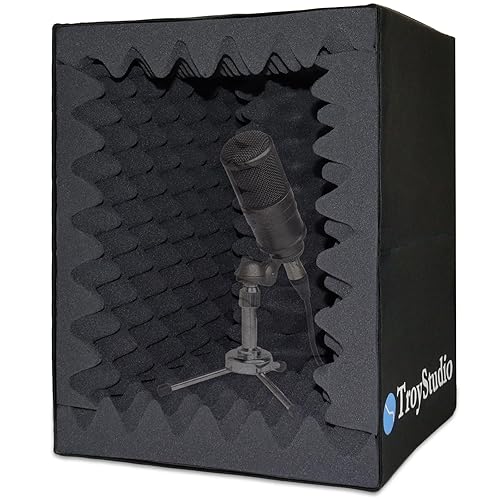 TroyStudio Portable Vocal Booth, Large Foldable Microphone Isolation Shield, Music Recording Studio Sound Echo Absorbing Box, Desk & Stand Use Reflection Filter with Thickened Dense Acoustic Foam - Large Size