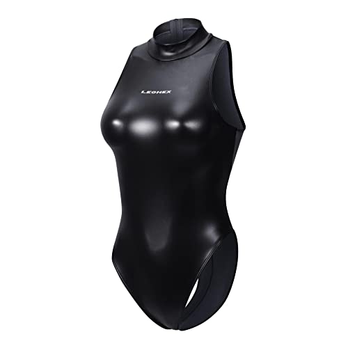 LEOHEX Monokini Metallic Shiny Spandex Leotard Sexy Sheer Rave Hot Body High Neck Cute One Piece - M - Black