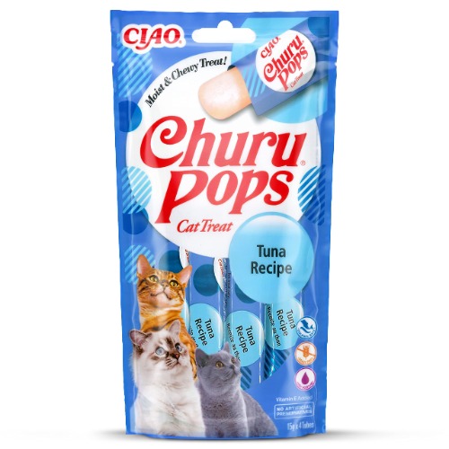Ciao Churu Pops by INABA Cat Treat - Tuna Flavour (4 x 15g) / Moist & Chewy Cat Treat, Delicious & Healthy Snack for Cats, Hand Feeding, Natural, Grain Free, High Moisture