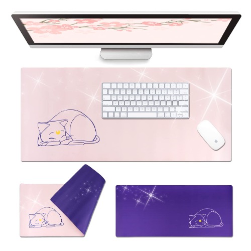 Glopastel Anime Cat Moon Desk Pad | Double Sided Pale Pastel Pink Purple | Waterproof Faux Leather Mat Mousepad | Luna Kawaii Cute Desk Office Laptop Makeup Blotter Protector (Pink Purple, Large)